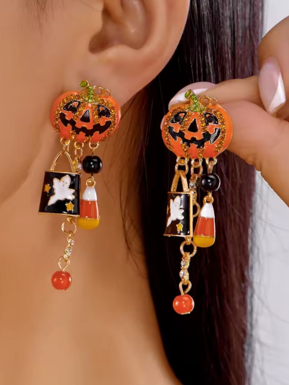 Halloween Pumpkin Dangle Earrings with Candy Charm - Orange & Black